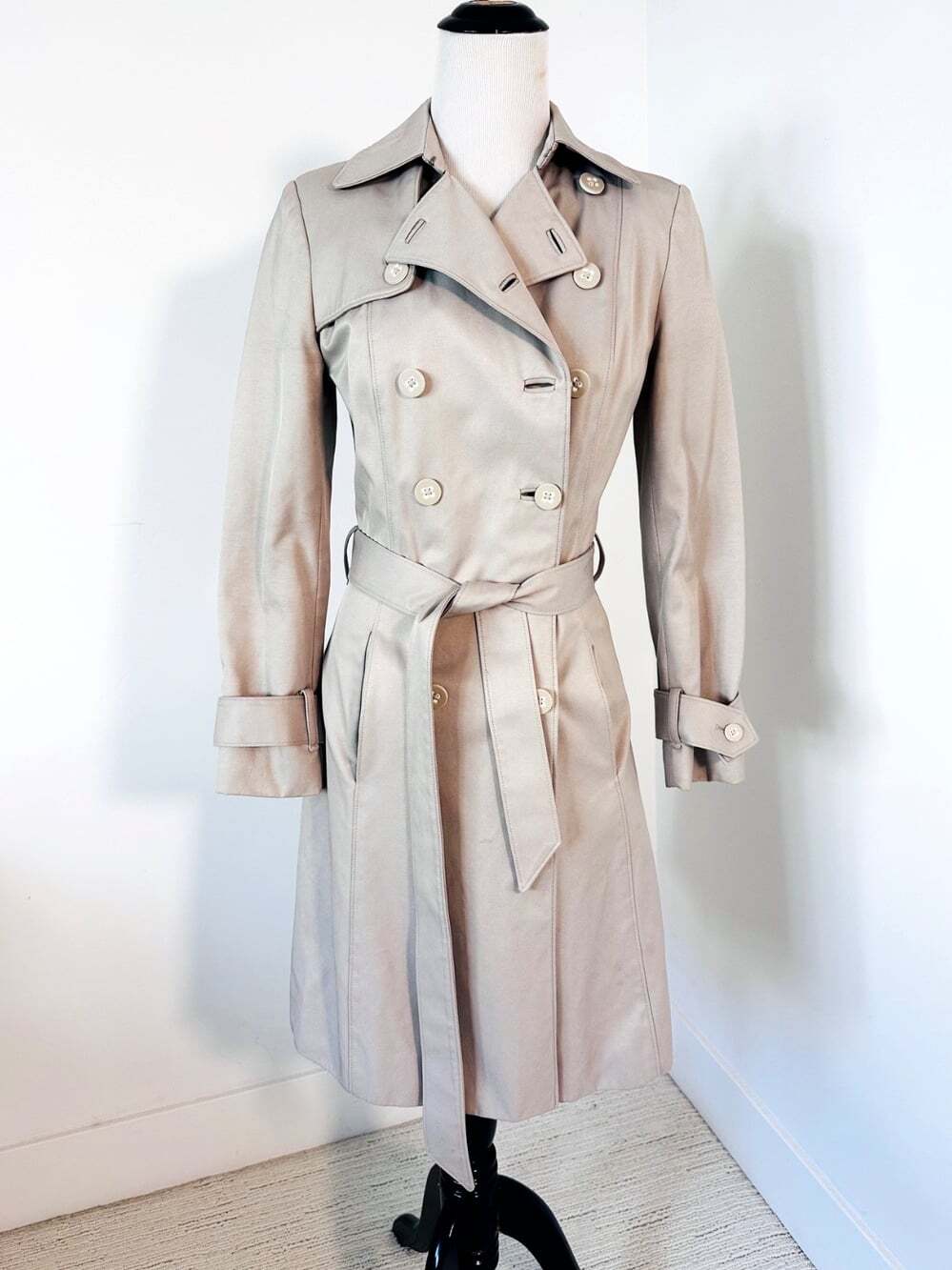 JIGSAW Double Breasted Sz XS Stone Trench Coat Academia Tailored Old Money Chic
